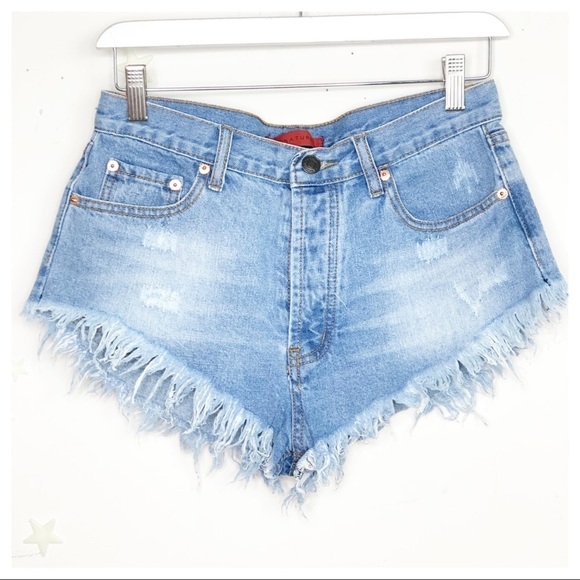 SIGNATURE 8 medium button fly distressed keep it brief micro denim shorts - Picture 3 of 9
